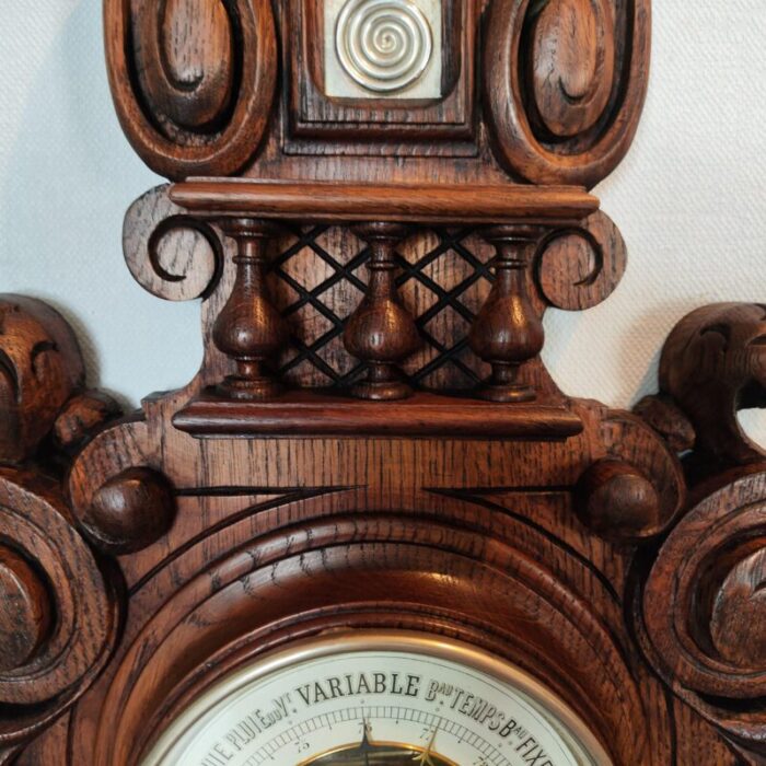 1880s large french barometer thermometer weather station with carved wooden columns 5029