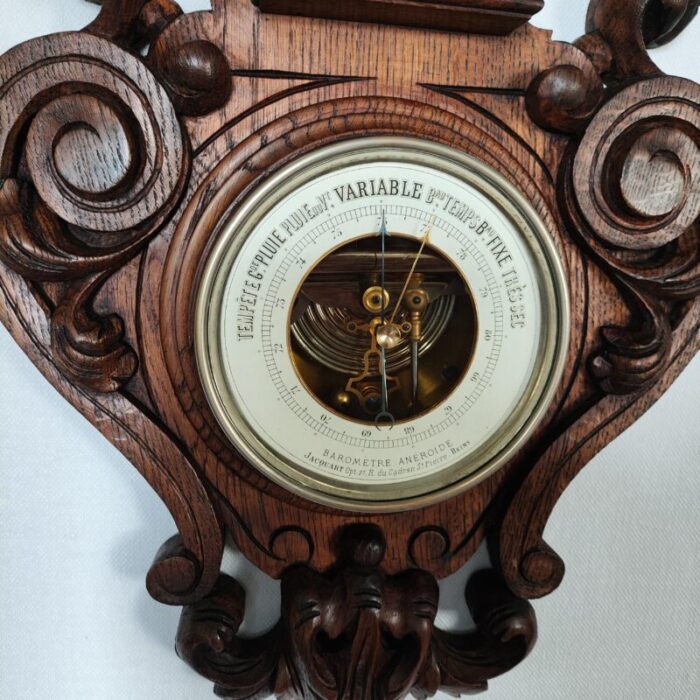 1880s large french barometer thermometer weather station with carved wooden columns 5562