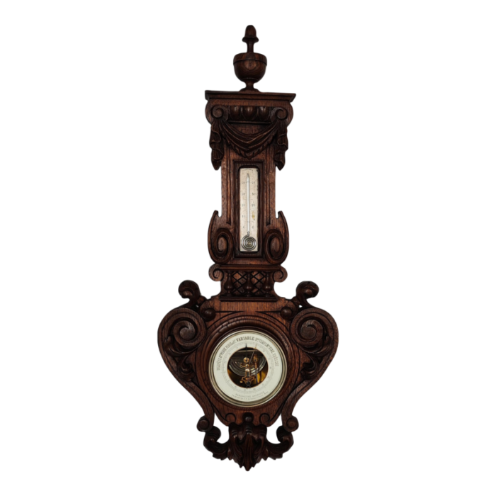 1880s large french barometer thermometer weather station with carved wooden columns 8486