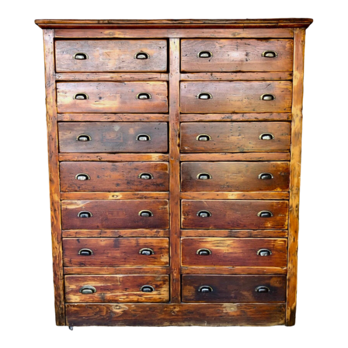 1920s hand carved 14 drawer apothecary cabinet with brass hardware 8545