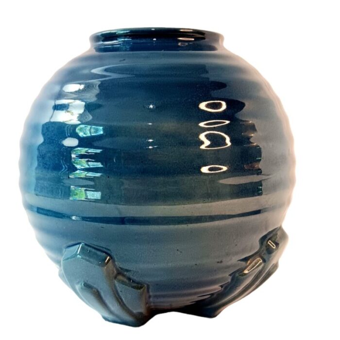 1930s deep blue pandora style ribbed geometric design art deco vase 5220