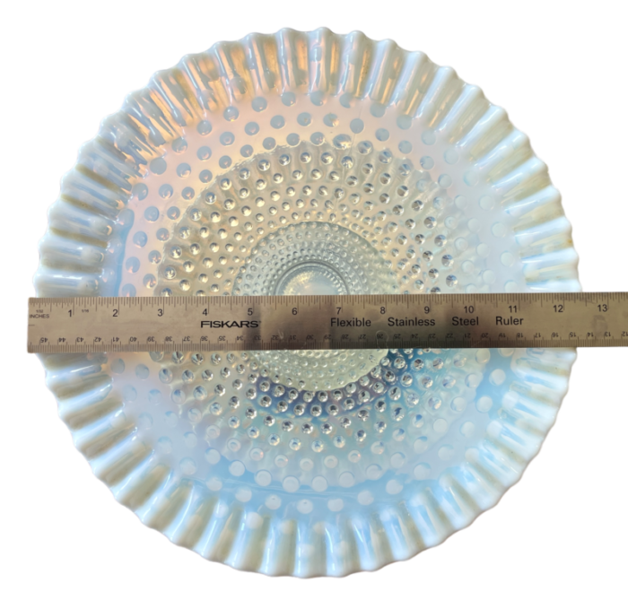 1930s fenton glass opalescent hobnail footed cake plate stand with ruffled scalloped edges 2678