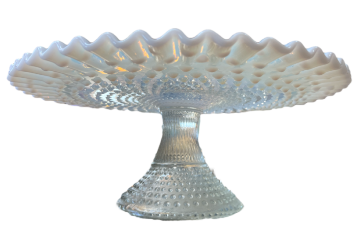 1930s fenton glass opalescent hobnail footed cake plate stand with ruffled scalloped edges 4040