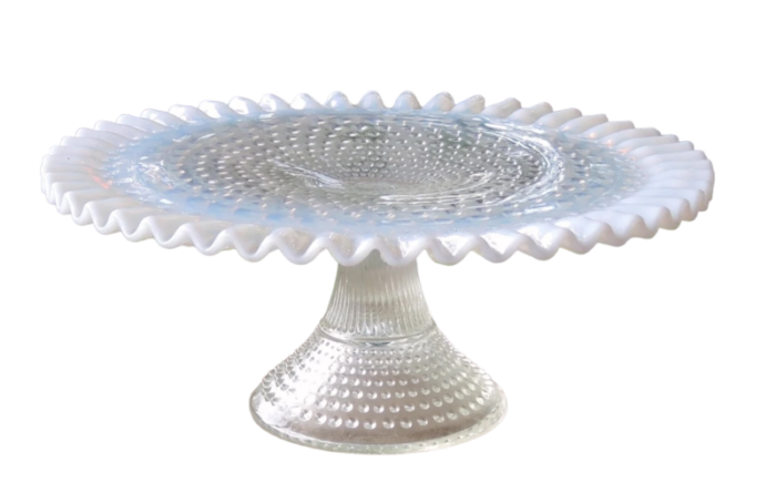 1930s fenton glass opalescent hobnail footed cake plate stand with ruffled scalloped edges 6161