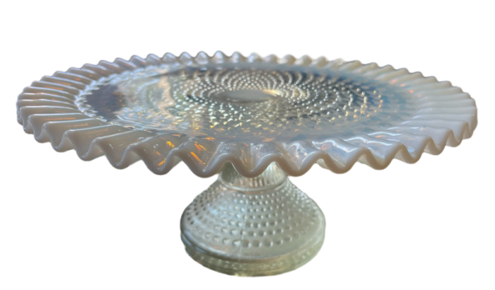 1930s fenton glass opalescent hobnail footed cake plate stand with ruffled scalloped edges 6531