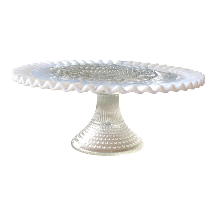 1930s fenton glass opalescent hobnail footed cake plate stand with ruffled scalloped edges 6919