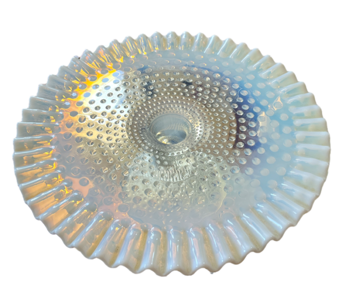 1930s fenton glass opalescent hobnail footed cake plate stand with ruffled scalloped edges 6969