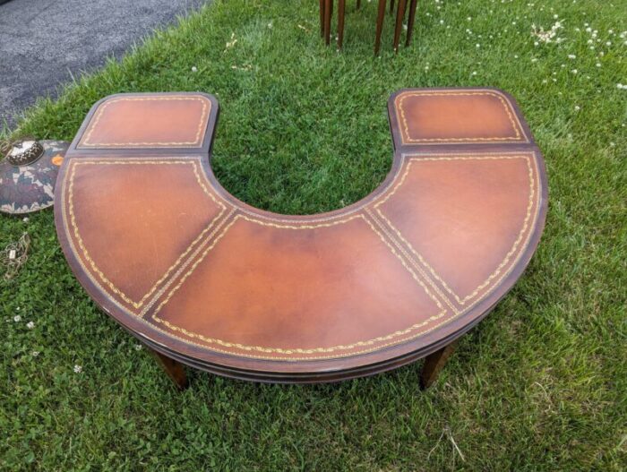 1950s stickley leather half moon drop leaf coffee table 1436