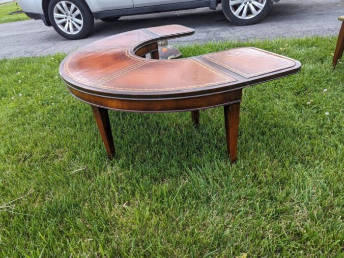 1950s stickley leather half moon drop leaf coffee table 2563