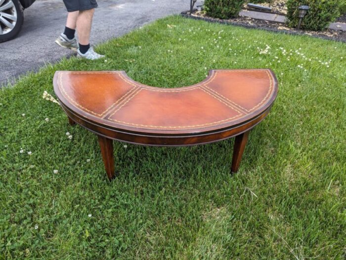 1950s stickley leather half moon drop leaf coffee table 3983