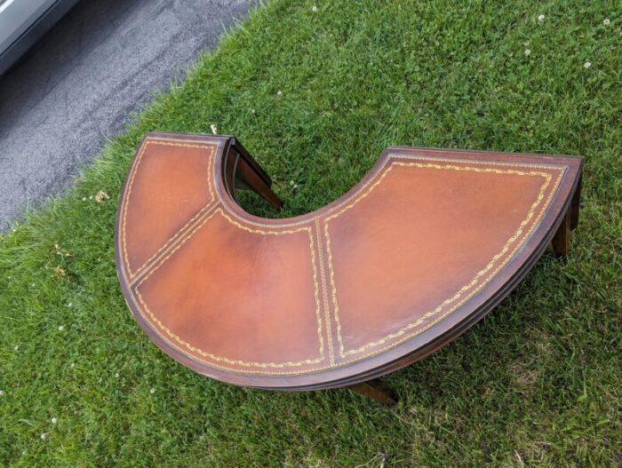 1950s stickley leather half moon drop leaf coffee table 8586