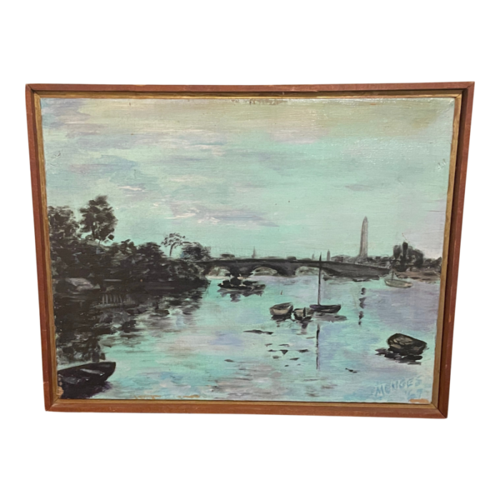 1960s mid century modern vintage framed oil painting canal scene signed menges 67 2223