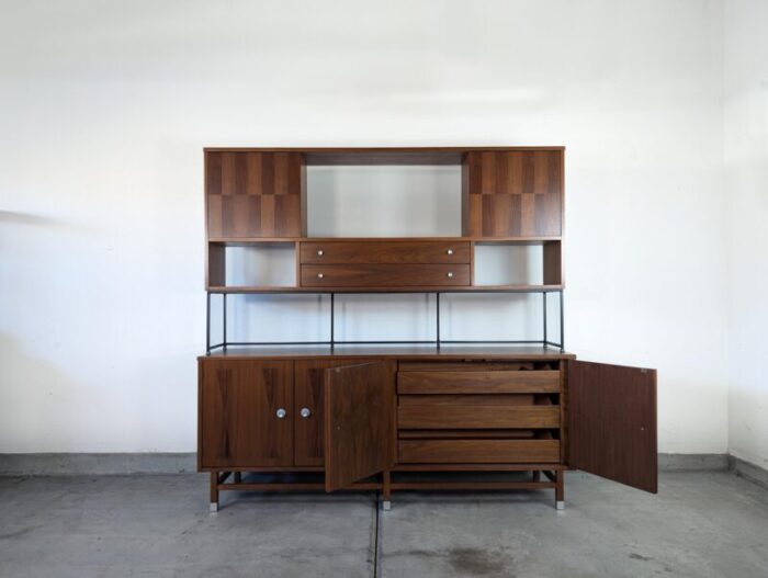 1960s mid century modern walnut and rosewood hutch wall unit cabinet by stanley 2196