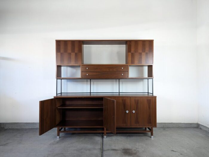 1960s mid century modern walnut and rosewood hutch wall unit cabinet by stanley 4071