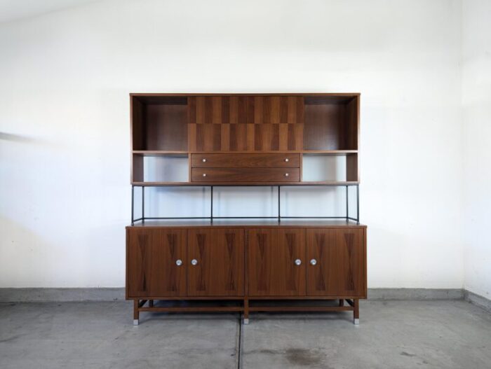 1960s mid century modern walnut and rosewood hutch wall unit cabinet by stanley 9081