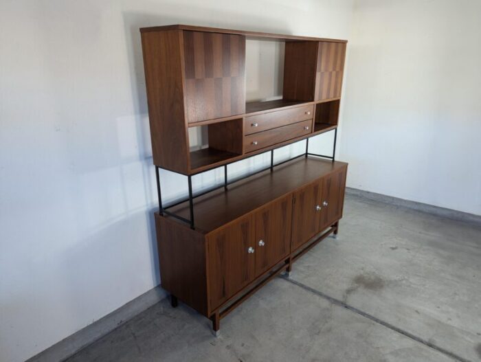 1960s mid century modern walnut and rosewood hutch wall unit cabinet by stanley 9556