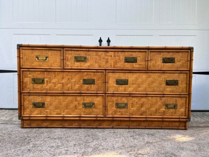 1970s faux bamboo and woven reed campaign dresser by dixie 4729