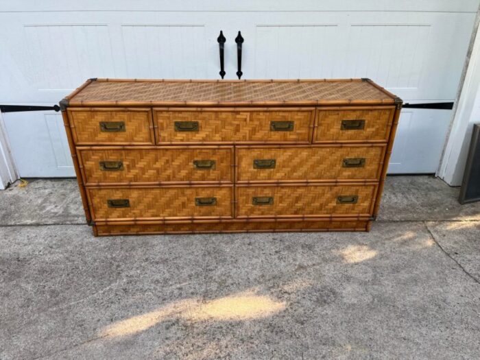 1970s faux bamboo and woven reed campaign dresser by dixie 6928