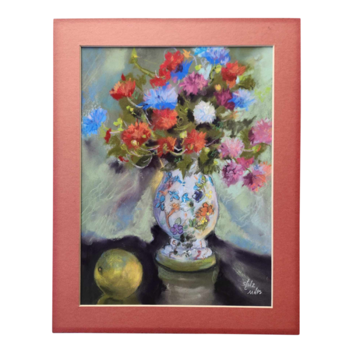 1980s colorful floral pastel in chinoiserie vase still life by diane stolz 4694