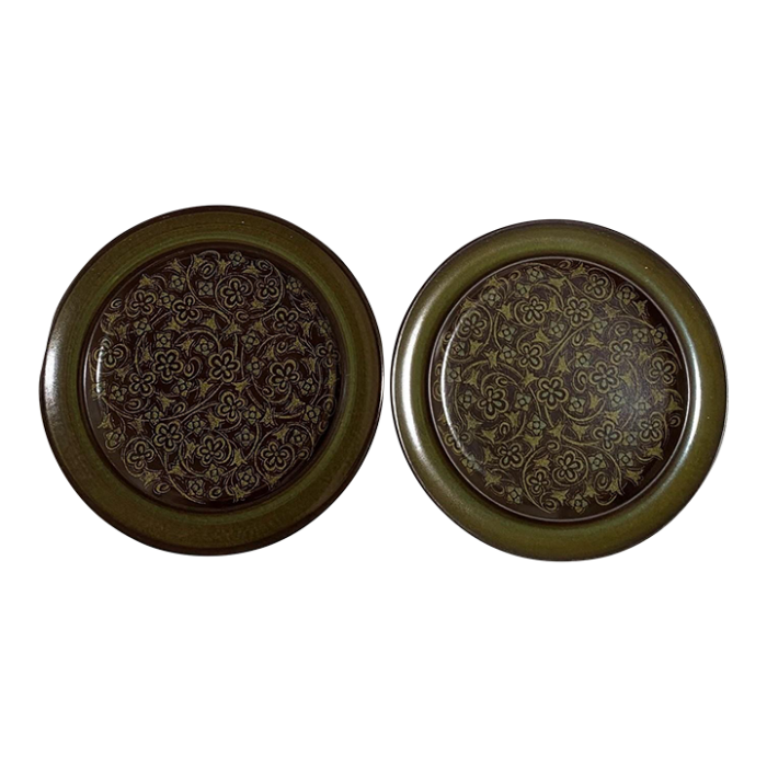 1980s franciscan madeira usa earthenware dinner plate set of 2 tan flowers on brown green band 5053