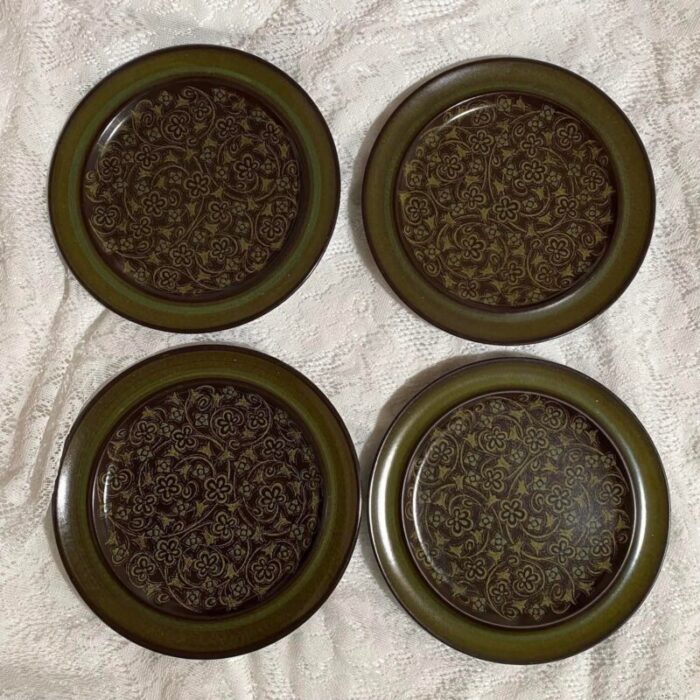 1980s franciscan madeira usa earthenware dinner plate set of 2 tan flowers on brown green band 8775