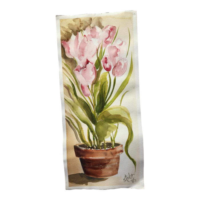 1980s watercolor painting of tulips in pot no 2 by diane stolz 3163