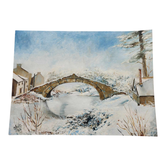 1980s winter bridge landscape painting by diane stolz 3447