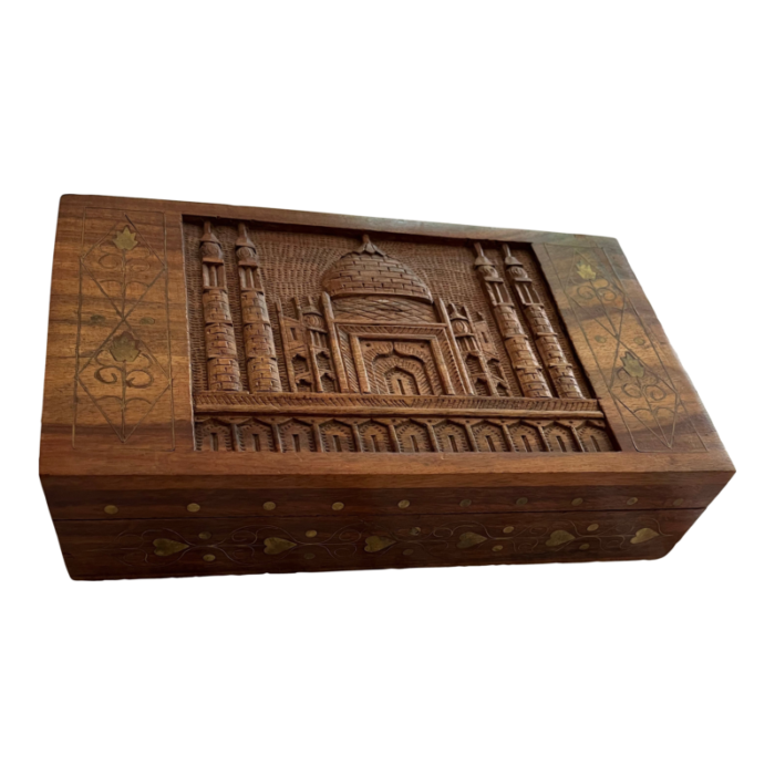 1990s hand carved taj mahal wooden jewelry box india 7140