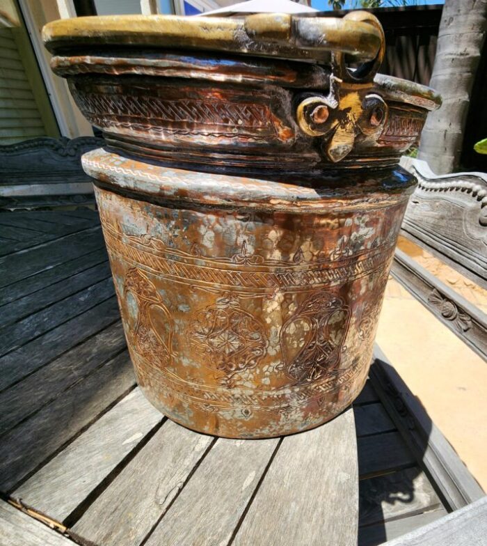 19th century copper jardiniere hammered with persian etchings and handle 1651