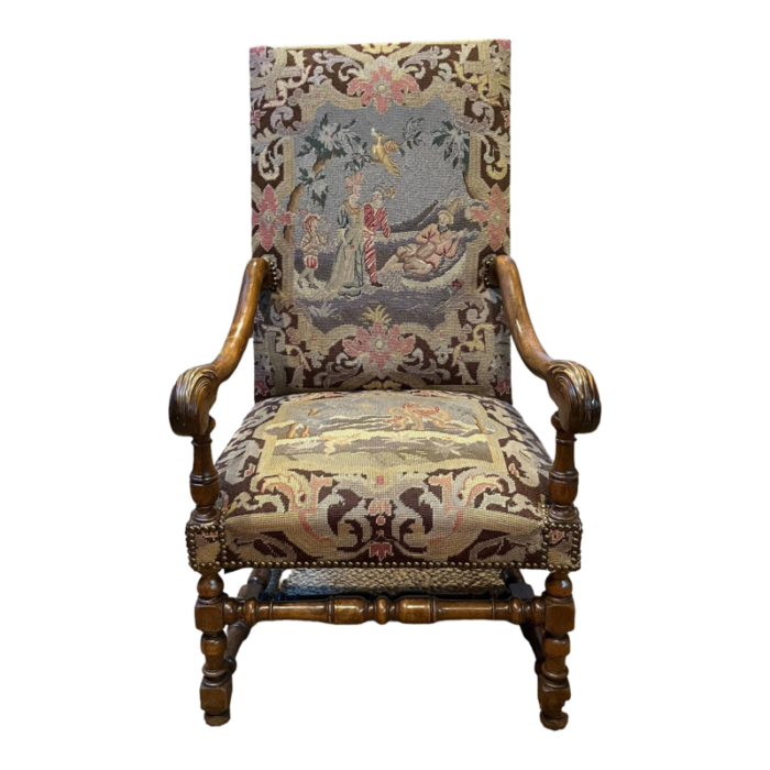 19th century french needlepoint carved walnut throne chair 0357