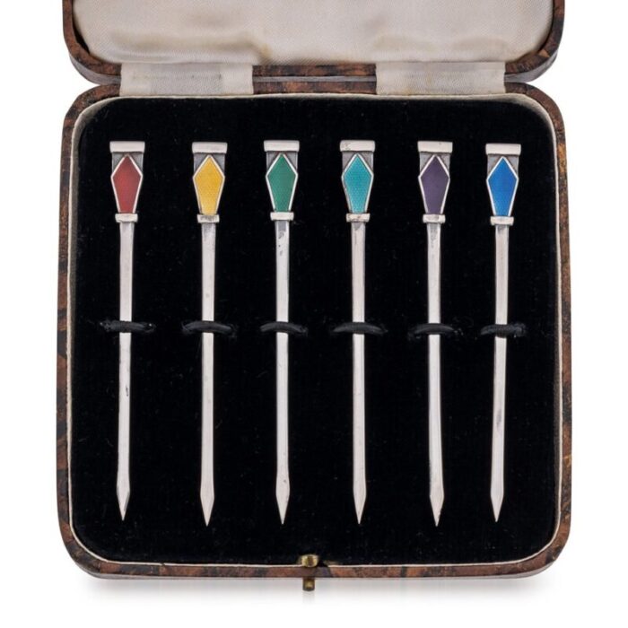 20th century art deco silver cased cocktail picks birmingham 1934 set of 6 3