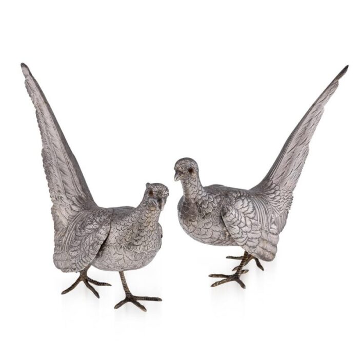 20th century silver pheasant statues 1930s set of 2 1