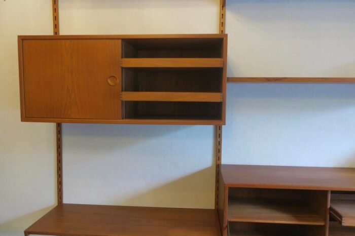 3 bay teak modular wall shelf system with desk and light by kai kristiansen for fm mbler denmark 1960s 0626