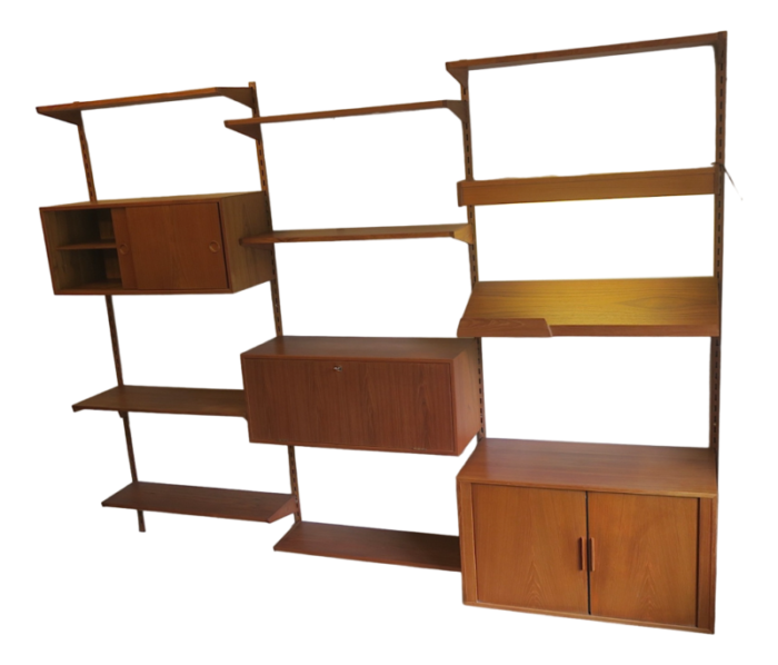 3 bay teak modular wall shelf system with desk and light by kai kristiansen for fm mbler denmark 1960s 3479