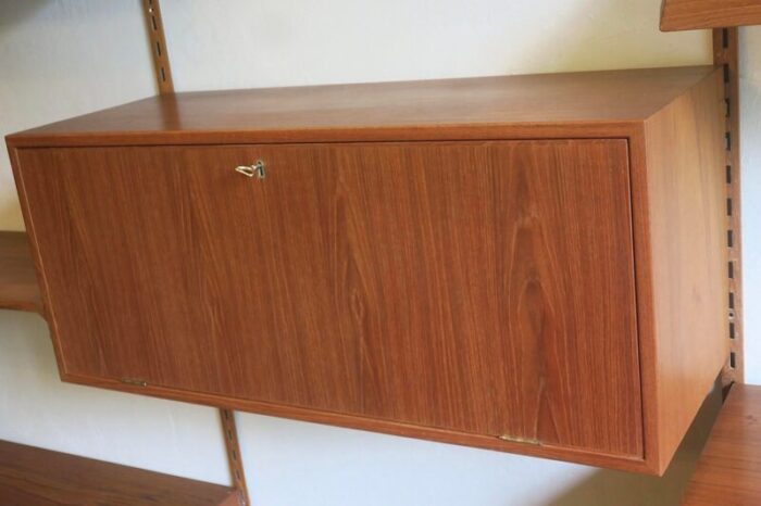 3 bay teak modular wall shelf system with desk and light by kai kristiansen for fm mbler denmark 1960s 3782