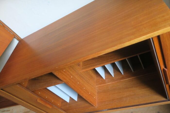 3 bay teak modular wall shelf system with desk and light by kai kristiansen for fm mbler denmark 1960s 6014