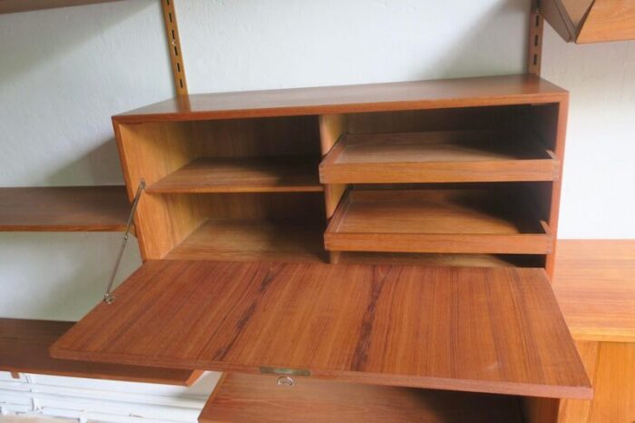 3 bay teak modular wall shelf system with desk and light by kai kristiansen for fm mbler denmark 1960s 9671