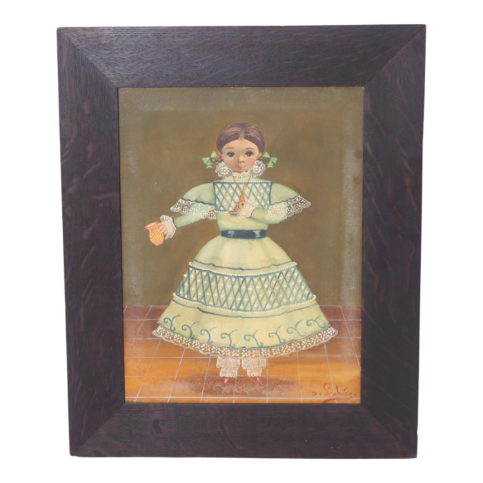 agapito labios folk art oil painting on canvas of a girl in a dress 3024