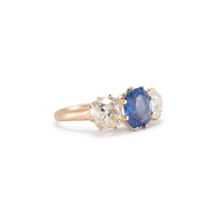 antique 14k yellow gold oval burma sapphire three stone diamond cocktail ring size 5 3496