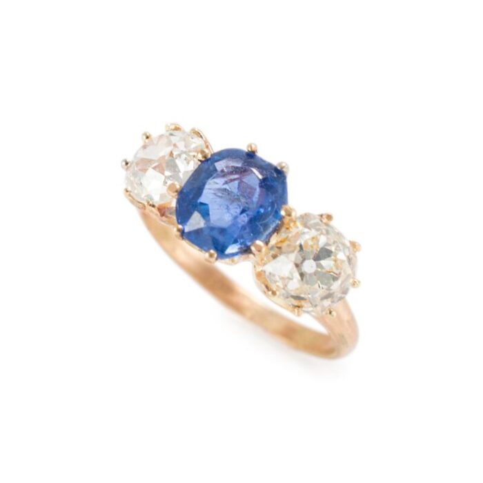 antique 14k yellow gold oval burma sapphire three stone diamond cocktail ring size 5 6184