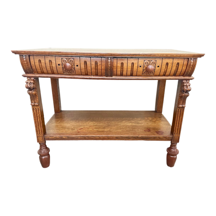 antique 19th century quarter sawn tiger oak library table with lion face carvings 3574