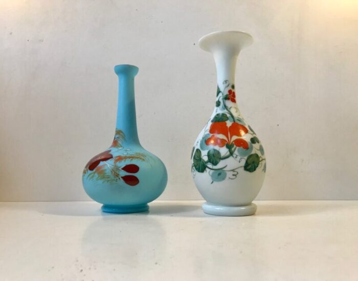 antique danish satin opaline glass vases from fyns glasvaerk 1900s set of 2 1