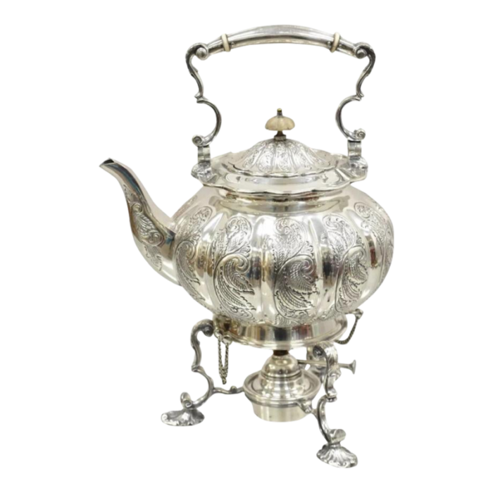 antique english victorian ps co silver plated tipping tea pot on warming base 3690