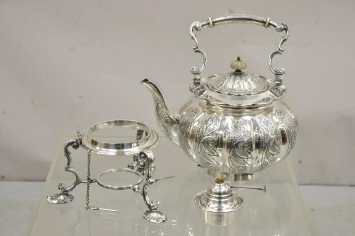 antique english victorian ps co silver plated tipping tea pot on warming base 9806