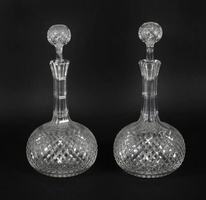 antique etched glass decanters and stoppers 19th century set of 2 7