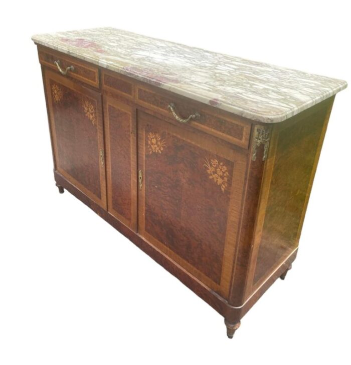 antique french credenza server burlwood with inlaid marble top and bronze mounts 1920s 1268