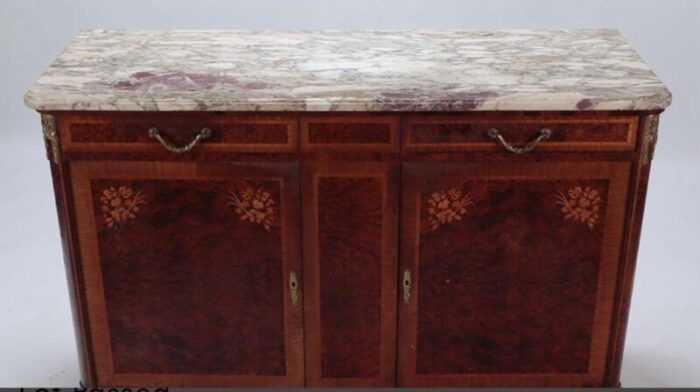 antique french credenza server burlwood with inlaid marble top and bronze mounts 1920s 5106