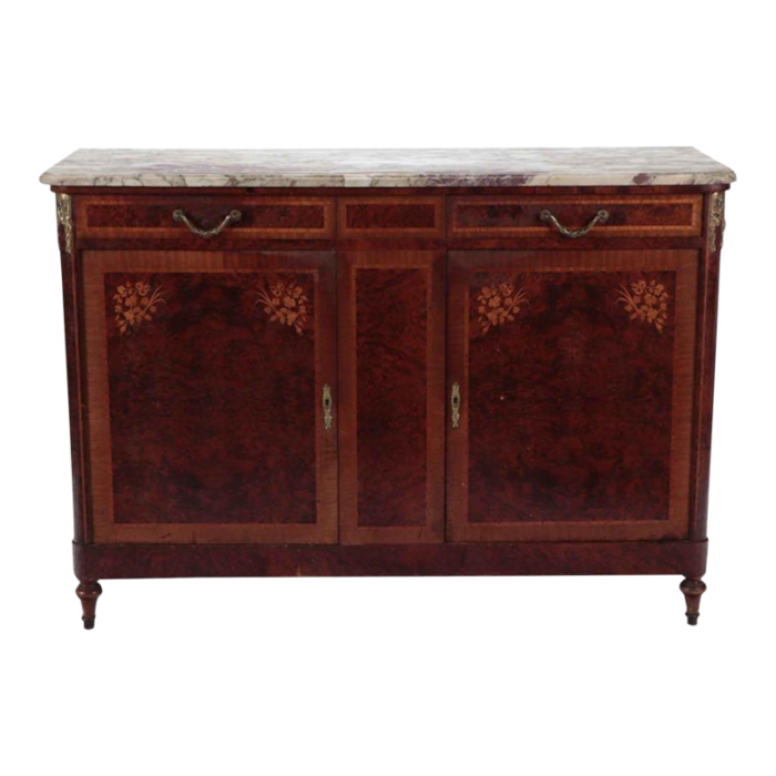 antique french credenza server burlwood with inlaid marble top and bronze mounts 1920s 5332