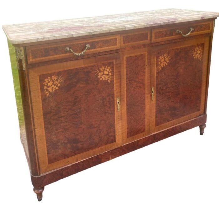 antique french credenza server burlwood with inlaid marble top and bronze mounts 1920s 7821