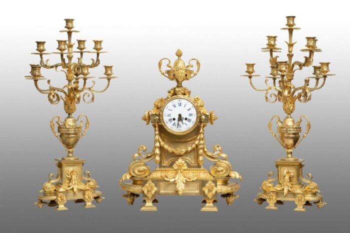 antique french napoleon iii clock candleholders in gilded bronze 19th century set of 3 1